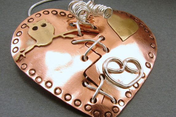 Broken Mended Mixed Metal Puffed Heart Pendant Necklace