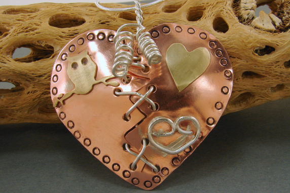 Broken Mended Mixed Metal Puffed Heart Pendant Necklace