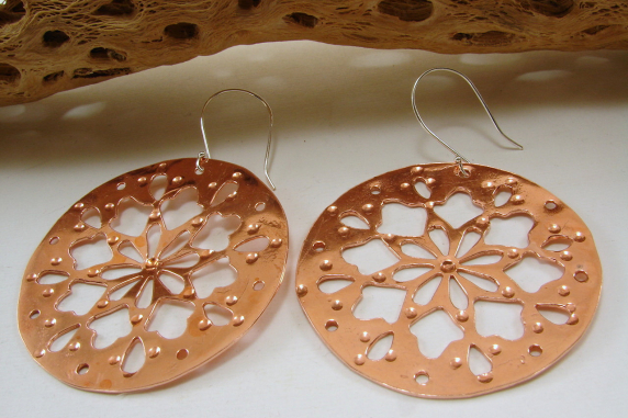 Copper or Red Brass and Sterling Silver Fretwork Earrings