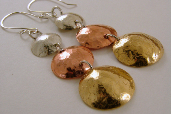 Mixed Metal - Sterling Silver, Copper and Red Brass Textured Disk Earrings