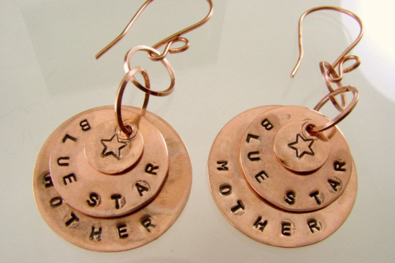 Copper Disk Hand Stamped Military Blue Star Mother Earrings
