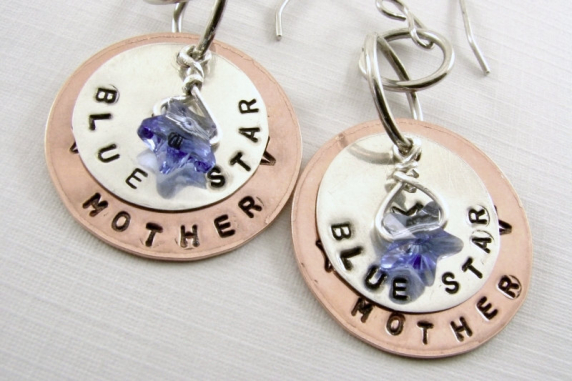 Blue Star Mother Copper and Sterling Silver with Crystal Blue Star Earrings