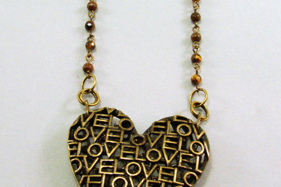 Antique Brass Metal Love Heart Pendant with Antique Brass and Tiger Eye Chain Ne