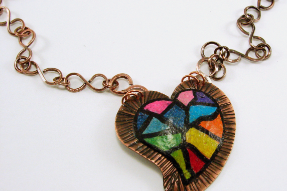 Colored Pencil on Copper Rainbow Mosiac Heart Pendant and Handmade Chain Necklac