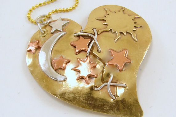 Mixed Metals Broken Mended Heart with Celestial Theme Necklace