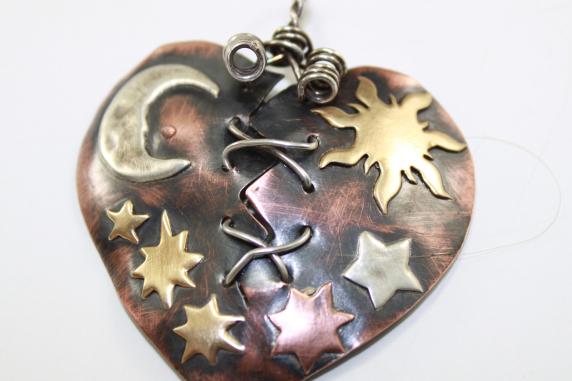Copper Heart Oxidized Mixed Metals Broken Mended Heart with Celestial Theme Neck