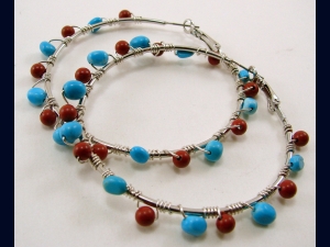 Turquoise & Coral Hoop Wire Wrapped  Earrings